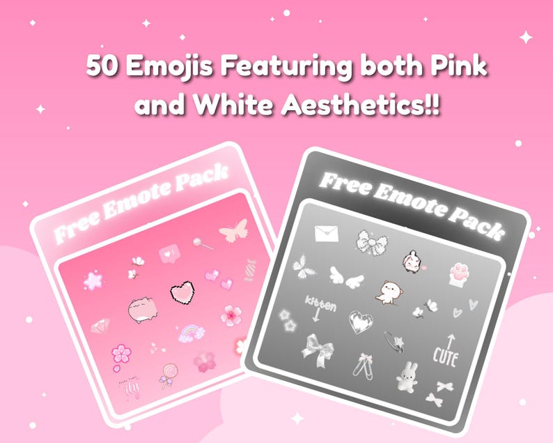 May include: Two digital emote packs are displayed against a pink gradient background. The packs, labeled "Free Emote Pack," feature various emojis in pink and white aesthetics. The text "50 Emojis Featuring both Pink and White Aesthetics!!" is at the top.