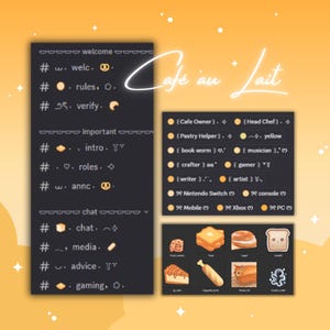 May include: A digital graphic with a warm yellow background and white star accents. The image features text in a handwritten font that says "Café au Lait." There are three dark gray panels with white text and icons, including a list of roles and chat commands.