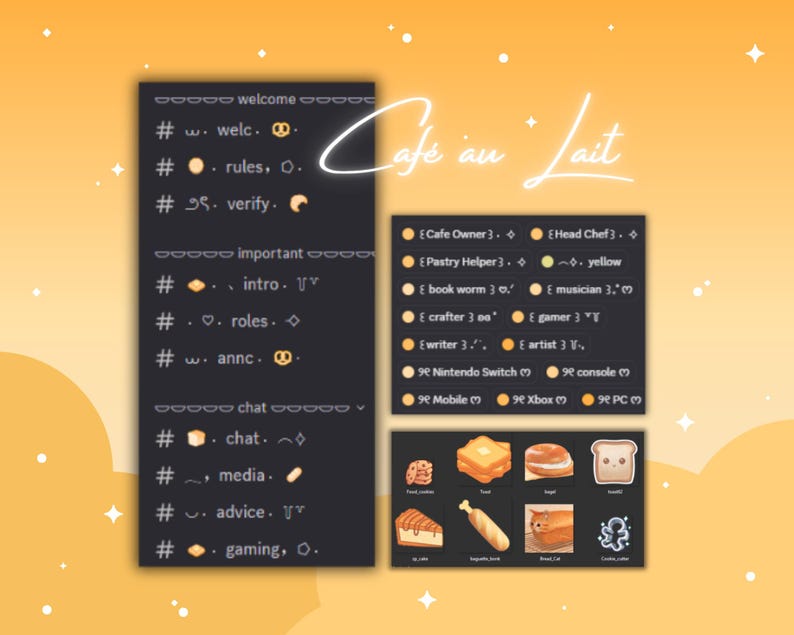 May include: A digital graphic with a warm yellow background and white star accents. The image features text in a handwritten font that says "Caf&eacute; au Lait." There are three dark gray panels with white text and icons, including a list of roles and chat commands.