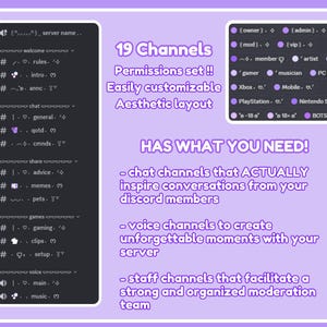 K&ouml;nnte beinhalten: &Auml;sthetische lila Grafik mit Discord-Serverkanal- und Berechtigungseinstellungen. Text enth&auml;lt "19 Kan&auml;le", "Leicht anpassbar" und "WAS SIE BRAUCHEN!" f&uuml;r Chat-, Sprach- und Mitarbeiterkan&auml;le.