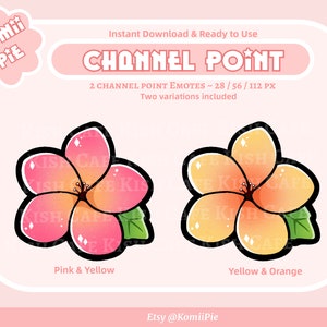 Op de afbeelding: Twee digitale illustraties van een roze en gele bloem met een groen blad. De bloem is gestileerd en heeft een cartoonachtig uiterlijk. De tekst "CHANNEL POINT" staat bovenaan de afbeelding. De tekst "2 CHANNEL POINT EMOTES - 28/56/112 PX" staat onder de tekst "CHANNEL POINT". De tekst "Two variations included" staat onder de tekst "2 CHANNEL POINT EMOTES - 28/56/112 PX". De tekst "Pink & Yellow" staat onder de roze en gele bloem. De tekst "Yellow & Orange" staat onder de gele en oranje bloem.