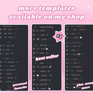 May include: Pink background with three black rectangles containing text templates. The text includes phrases like "Palace Gates," "angles landing," and "ENTRANCE." The image also features the text "more templates available on my shop."