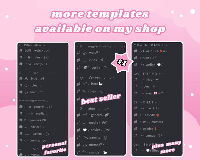 May include: Pink background with three black rectangles containing text templates. The text includes phrases like "Palace Gates," "angles landing," and "ENTRANCE." The image also features the text "more templates available on my shop."
