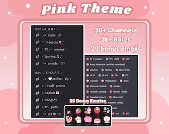 May include: A pink and black Discord server theme with 30+ channels, 35+ roles, and 20 bonus emojis. The theme features a pink and white strawberry design with the text "Pink Theme" at the top.
