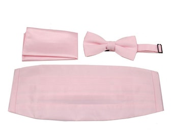 Wedding Pink Solid Satin Cummerbund Bow Tie and Hanky Set