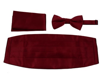 Burgundy Solid Satin Cummerbund Bow Tie and Hanky Set