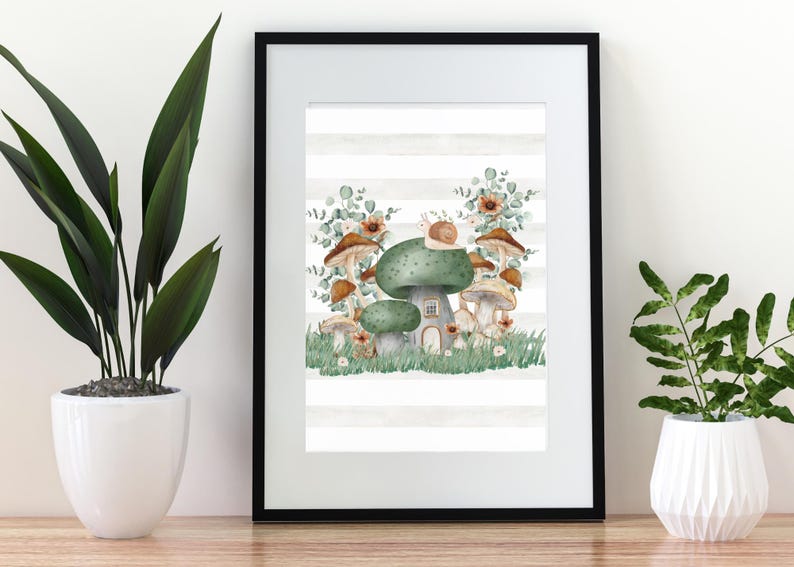 Boho Snail Nursery Wall Art Print, Boho Mushroom Nursery Wall Decor