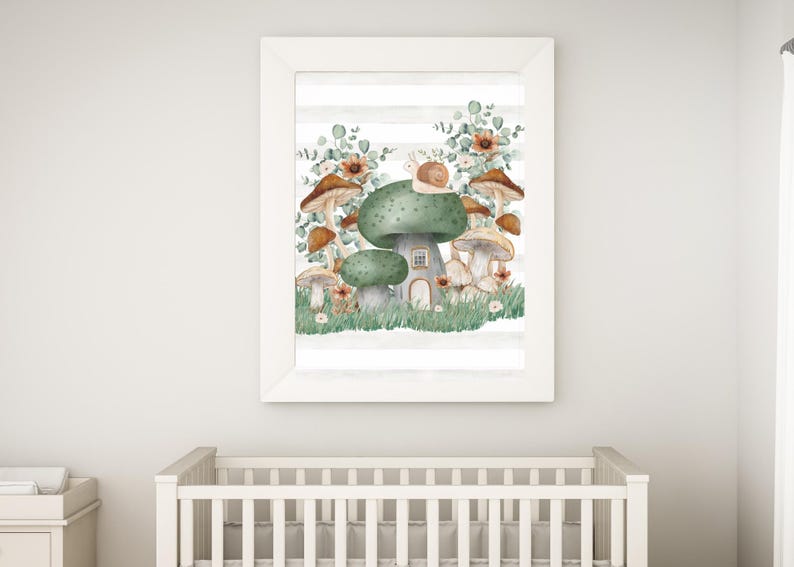Boho Snail Nursery Wall Art Print, Boho Mushroom Nursery Wall Decor