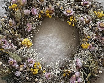 Weidebloemenkrans, faux gedroogde bloemenmixkrans, krans in boho-stijl, gedroogde kunstbloem, pastelkleurige bloemenkrans, herfstdeurdecoratie