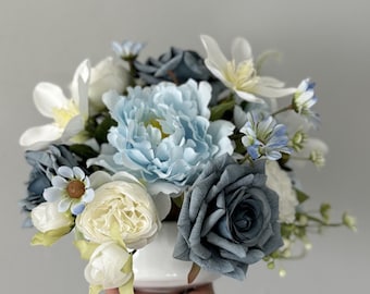 Blue faux flower arrangement, peonies in vase, peony centerpiece, faux roses in vase, floral blue arrangement, wedding peony centerpieces