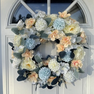 Dusty Blue&Peachy Front Door Wreath, Spring Porch Decor, Floral Peony Outdoor Wreath, Farmhouse Housewarming Gift
