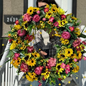 Colorful Artificial Spring Wreath, Peonies Wreath for Front Door, Year Round Wreath for Porch, Spring Door Wreaths, Wreaths with Sunflowers