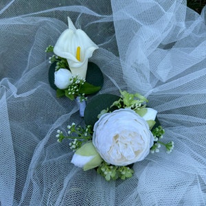White&Greenery Wrist Corsage and Groom Boutonniere, Ivory Wedding Flowers, Peony Bridesmaid Corsages, Lilly Silk Boutonniere, Brooch Bouquet