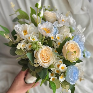 Elegant Blue and White Bridal Bouquet, Wedding Flowers Bouquet, Faux Blue Flower Arrangement for Bride, Artificial Flowers Wedding Gift