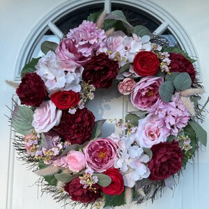 Pink peony wreath, fall wreath burgundy, wreath for outdoor, fall floral wreath, pink floral door decor, burgundy flowers, faux peony wreath