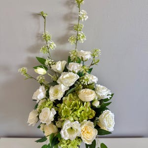 White flowers for cemetery, grave flowers, silk flower greenery, funeral arrangement, cemetery flowers, grave arrangement, gravestone flower