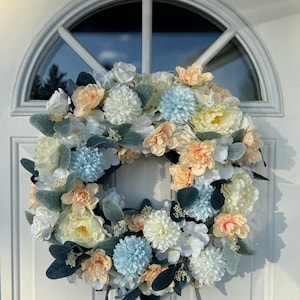 Leuke ronde blauwe en perzikkleurige bloemenkrans, grote bloemenkrans 19,7 inch diameter, lentekrans voor voordeur, pioenroos buitenkrans