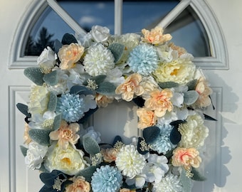 Cute Round Blue and Peachy Flowers Wreath, Large Floral Wreath 19.7 Inches Diameter, Spring Wreath for Front Door, Peony Outdoor Wreath