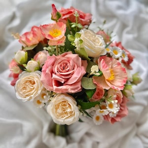 Coral pink wedding bouquet, faux flowers bunch, bouquet of flowers, pink bridal bouquet, pink white roses bouquet, coral artificial bouquet