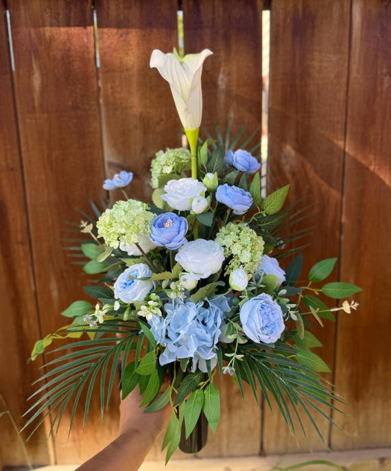 Friedhofsvase Blume, blaue Grabblumen, grn und blaue Blumen, Grabschmuck,  Blumen fr den Friedhof, knstliche Friedhofsdekoration - Etsy.de