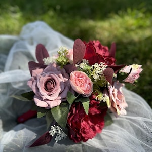 Burgundy Bridesmaids Bouquets, Real Touch Red Wedding Flowers, Dusty Rose Artificial Boho Bouquet, Faux Floral Bouquet for Bridesmaid