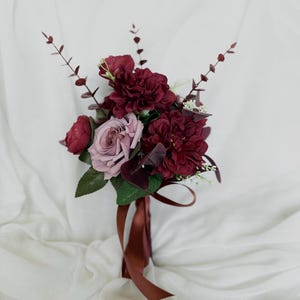 Burgundy faux flowers bunch, wedding bouquet, fall burgundy bridal bunch, faux flower bouquet, burgundy silk flower, fall wedding bouquet