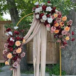 Burgundy fall arch, burgundy faux flowers, bridal wedding arch, burgundy arch floral, faux wedding flowers, floral artificial arrangement