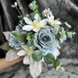 Delicate Pastel Blue and White Bridal Bouquet, Small Silk Bridesmaid Bouquet, Faux Wedding Flower, Handmade Everlasting Peony & Rose Bouquet