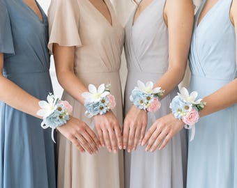 Dusty Blue & Blush Pink Wedding Corsage and Boutonniere Set | Bridesmaid and Groom Floral Accessories