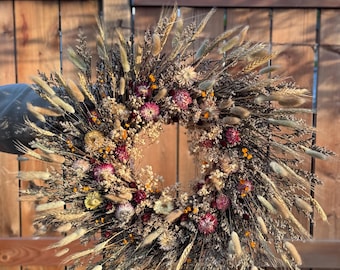 Large dried flower wreath, fall door decor, pastel autumn hoop, harvest boho wreath, dried fake flowers, boho style wreath, fall decorations