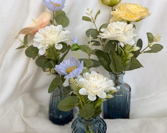 Pastel mini floral bouquet, anthurium and blue poppy flowers, faux peony rose mix, small artificial vase flowers, home decor centerpiece