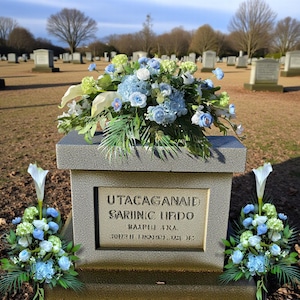 May include: A stone headstone in a cemetery, decorated with blue, white, and green floral arrangements. The headstone has engraved text. The scene is set on a sunny day with a blue sky and other headstones in the background.