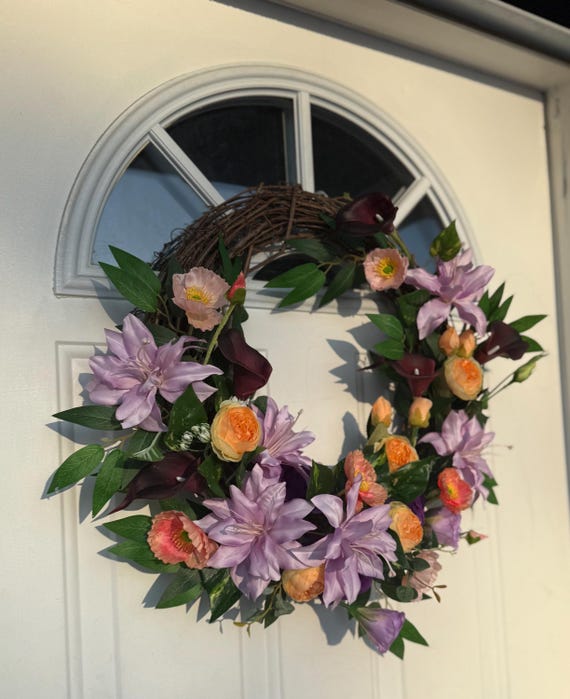 Couronne De Porte Printemps 40 Cm Lavande & Marguerites – Décoration D'entrée, Fleurs En Soie, Faite Main