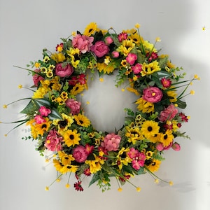 Multi Color Yellow & Pink Artificial Spring Flowers Wreath, Front Door Easter Holiday Wreath, Front Porch Year Round Decor