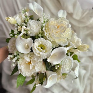 White Wedding Bouquet Set with Calla, Peony & Eucalyptus – Bridal, Bridesmaid, Flower Girl, Corsage and Boutonniere, Real Touch Flowers