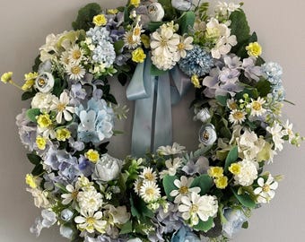 Modern Spring Holiday Blue Door Wreath, Year Round Peony Wreath, Front Door Floral Decor, Easter Wreath Housewarming Gift
