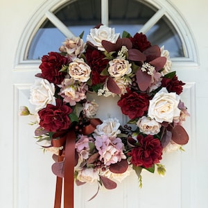 Burgundy artificial wreath, fall floral wreath, artificial flowers, burgundy red wreath, fall wreath burgundy, faux wreaths for outdoor