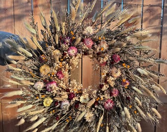 Wildflower front door wreath, farmhouse wreath, floral wall hanging, boho style wreath, spring dried flowers, wildflower dried wreath