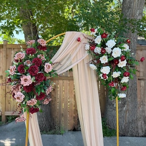 Wedding arch floral, burgundy and white arch, burgundy flower, wedding arch decor, burgundy fake flower, floral arrangement, burgundy swag