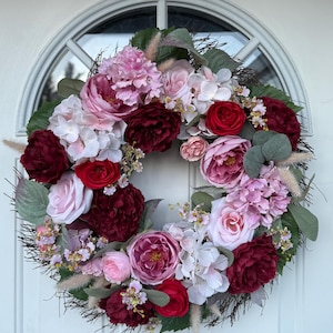 Burgundy peony wreath, pink rose and peony wreath, artificial burgundy flowers, wreaths for fall, autumn peony wreath, fall door decorations