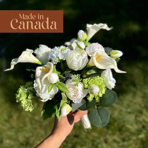 White&Greenery Classic Bridal Bouquet, Elegant Artificial Peony, Rose, Calla Lily Bouquet, Silk Spring Wedding Bouquet