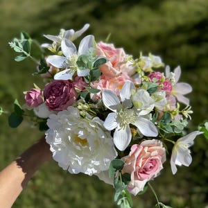 Bridal Bouquet, Bohemian Rose and Peony Wedding Bouquet, Elegant White & Pink Blush Bouquet for Bride, Silk Eternal Artificial Bouquet