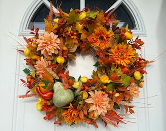 Jobflower Ghirlanda Autunnale Per Porta, 61 Cm, Con Fiori Arancioni Fatti A Mano, Decorazione Per Ringraziamento E Raccolto