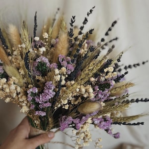 Dry Floral Wedding Bouquet, Purple Bridal Wildflower Bouquet, Natural Boho Bouquet, Rustic Dried Lavender Bouquet for Bride, Wedding Flowers