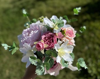 Dusty Pink Bridesmaids Bouquets from Artificial Peony&Rose and Eucalyptus, Real Touch Wedding Flowers, Rustic Boho  Blush Pink Bouquets