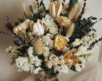 Ramo de novia seco con lavanda y flores de paja, ramo de novia bohemio, ramo rústico de flores silvestres para novia, elegantes flores eternas.