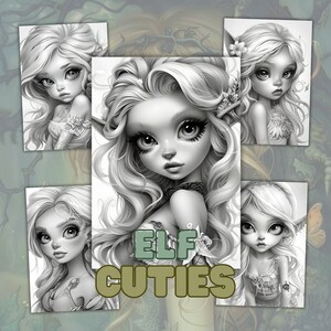 Elf Cuties Graustufen Malbuch, 30 Malseiten, Mädchen Malseite, süßes Malbuch, Erwachsene und Kinder, sofortiger Download
