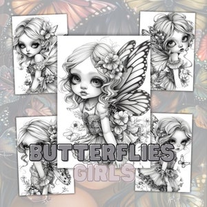 Livre de coloriage Butterfly Girl : 34 pages en niveaux de gris (téléchargement instantané)