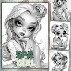 Spa Girl Graustufen Malbuch, 25 Malseiten, Malseite Mädchen, süßes Malbuch, Erwachsene und Kinder, sofortiger Download