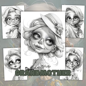 Grandmother Grayscale Coloring Pages: 45 Woman Portrait Designs (Instant Download)